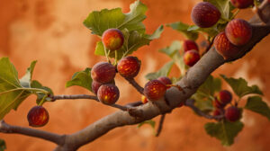 Branches of fig tree heavy with ripe juicy figs set against a warm and welcoming background create a picturesque wallpaper