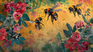 Bright wallpaper showcasing bees in flight encompassed by botanical elements and vibrant colors