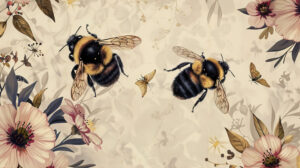 Calm and nature inspired wallpaper with a soft muted color palette featuring an aesthetic bee pattern