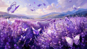 Captivating wallpaper showcasing lavender butterflies gracefully fluttering amidst a backdrop of flourishing lavender fields