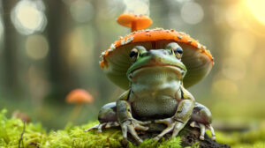 Capture nature and imagination intertwining in Frog with Mushroom Hat wallpaper