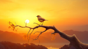 Capture the enchantment of dawn with a wallpaper showcasing an orange bird against a sunrise backdrop