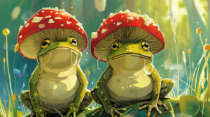 Cartoon frogs sport oversized mushroom hats in a lively colorful setting a perfect wallpaper for a playful touch