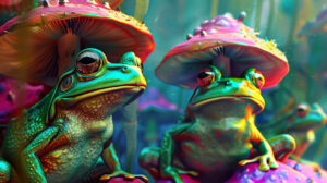 Cartoonish frogs wearing oversized mushroom hats in a vibrant and dynamic setting