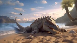 Cartoonish wallpaper of a dinosaur resting on a beach with sea in the background
