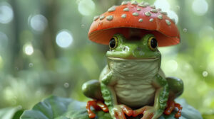 Charming frog donning a stylish mushroom cap infusing magic into your wallpaper