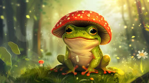 Cheerful frog dons vibrant mushroom hat exuding joy in cartoon style wallpaper