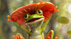 Cheerful frog sporting a vibrant mushroom hat in a joyful cartoon illustration wallpaper