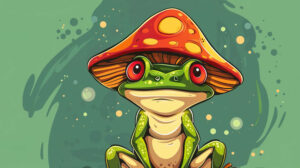 Cheerful frog with a vibrant mushroom hat exuding joy in a cartoon style wallpaper titled Froggy Bliss