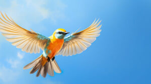 Citrus colored bird soaring through a clear blue sky showcased in a captivating wallpaper