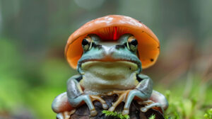 Close up of a content frog with a snug fitting mushroom hat, capturing a serene moment