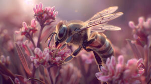 Close up of a honeybee collecting nectar, showcasing the delicate beauty of its wings