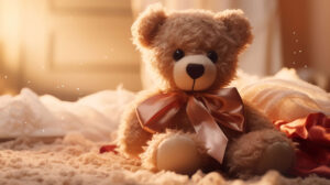 Close up of a plush teddy bear with a ribbon, radiating warmth and comfort