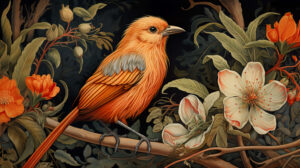 Close up of an orange bird with intricate plumage, captured in exquisite detail against a backdrop of lush foliage and vibrant flowers