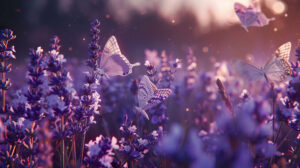 Close up of lavender butterflies perched on lavender blossoms, creating an elegant composition