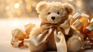 Cozy wallpaper showcasing a ribbon adorned plush teddy bear emitting a sense of warmth and comfort