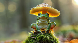 Cute frog perched on a toadstool, showcasing its delightful mushroom shaped headgear