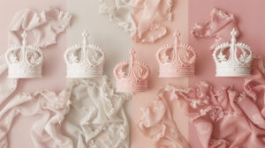 Delicate crown motifs on a pastel background, offering a gentle and refined atmosphere