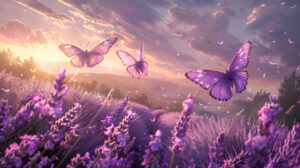 Delicate lavender butterflies dancing on a backdrop of blooming lavender fields