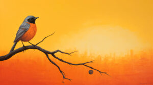 Electric hued oranges grace a bird against a sky of transitioning warm hues in this captivating wallpaper called Deep Oranges