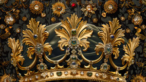 Elegant crown pattern in gold and jewels, creating a regal and luxurious wallpaper