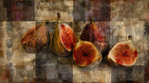 Fig halves in a geometric arrangement against a textured background, adding sophistication