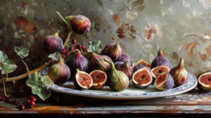 Fig still life with a mix of ripe and unripe figs, creating a visually dynamic and balanced wallpaper