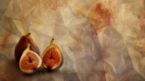 Halves of figs arranged geometrically on a textured backdrop enhancing elegance