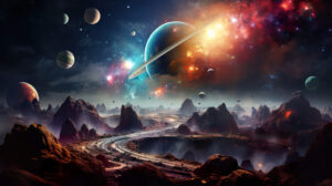Harmoniously balanced wallpaper featuring surreal space scenery with planets asteroids and vibrant gases