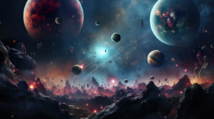 Harmoniously interwoven a surreal wallpaper showcases dreamy planets asteroids and vibrant gaseous hues