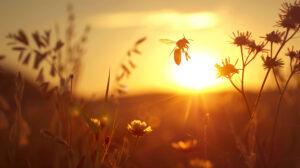 Honeybee silhouette in flight against a warm and golden sunset, capturing nature's beauty