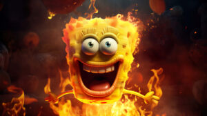 Intense flames engulfing SpongeBob, creating a visually dynamic wallpaper