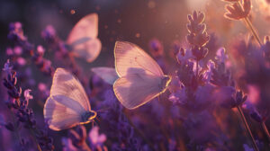Lavender butterflies resting on lavender blossoms form an elegant composition in this close up wallpaper