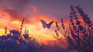 Lavender butterfly silhouette in flight against a sunset sky, radiating warmth and calm