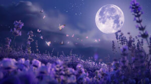 Lavender butterfly trail against a moonlit night, portraying a magical nocturnal scene