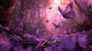 Lavender hued butterflies dance in a dreamy magical atmosphere creating a surreal scene for this wallpaper