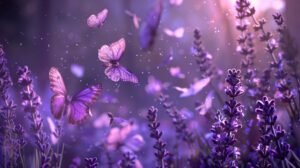 Lavender hued butterflies flutter in a dreamy magical atmosphere creating a surreal scene for these enchanting wallpapers