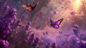 Lavender hued butterflies flutter in a dreamy magical atmosphere creating a surreal scene in this wallpaper