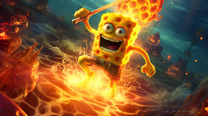 Lively and spirited SpongeBob surfing on waves of vibrant, animated flames