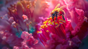 Macro shot of a bee on a vibrant flower, highlighting the intricacies of pollination