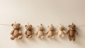 Minimalist arrangement of cute teddy bears against a neutral backdrop