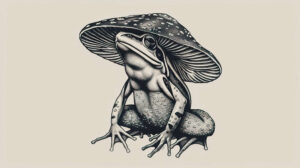 Minimalist design featuring a single frog wearing an intricately patterned mushroom hat