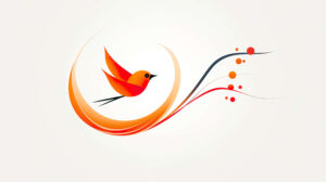 Minimalist design featuring an elegant silhouette of an orange bird in motion