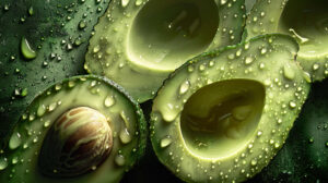 Monochromatic avocado wallpaper with intricate details, focusing on shadows and highlights