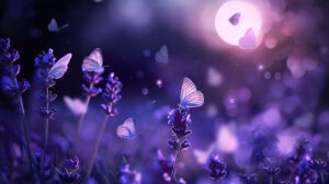 Moonlit night with lavender and butterfly trail transforming into a bewitching nocturnal wallpaper