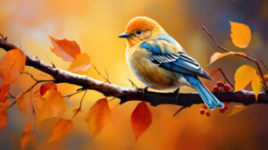 Orange bird perched on a tree branch with autumn leaves, embracing seasonal vibes