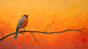 Orange bird soaring against a sky with a gradient of warm to deep oranges perfect for a vibrant wallpaper