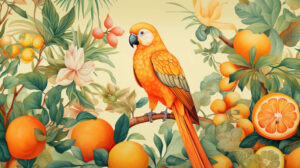 Playful orange bird surrounded by tropical foliage, creating a lively wallpaper