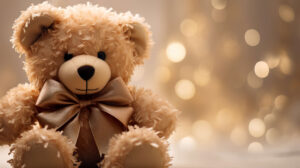 Plush teddy bear adorned with a ribbon emanating cozy and soothing vibes perfect for a comforting wallpaper