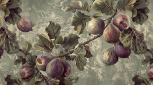Rustic fig patterned wallpaper in a vintage style featuring soft faded tones that evoke a feeling of nostalgia
